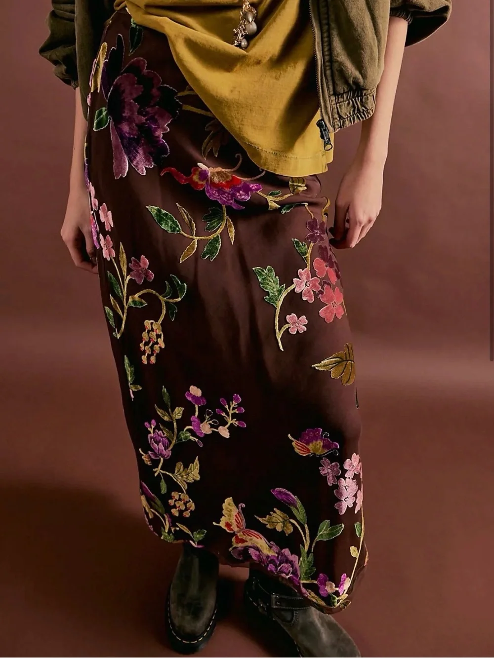 Free People Secret Garden Burnout Floral Midi Skirt | Chocolate Combo - Picture 2 of 4